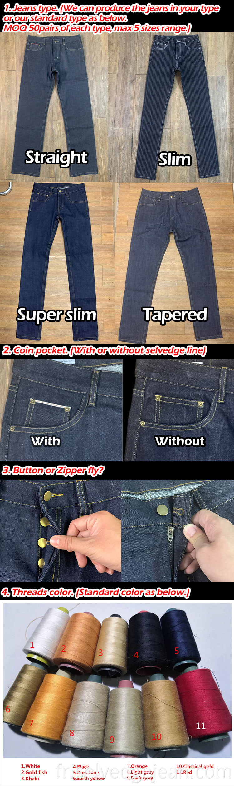 Promotion de Noël Small MOQ Patch de logo de marque de taille personnalisée 11-17oz Selvage Raw Denim Vintage Style Selvedge Men Denim Jeans